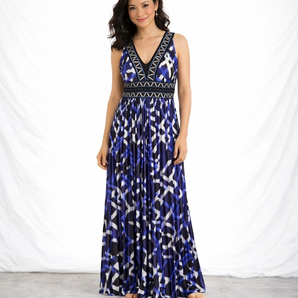 BCBGMAXAZRIA Size 0 Sequin & Silk Empire Waist Low Back Geometric Maxi Dress